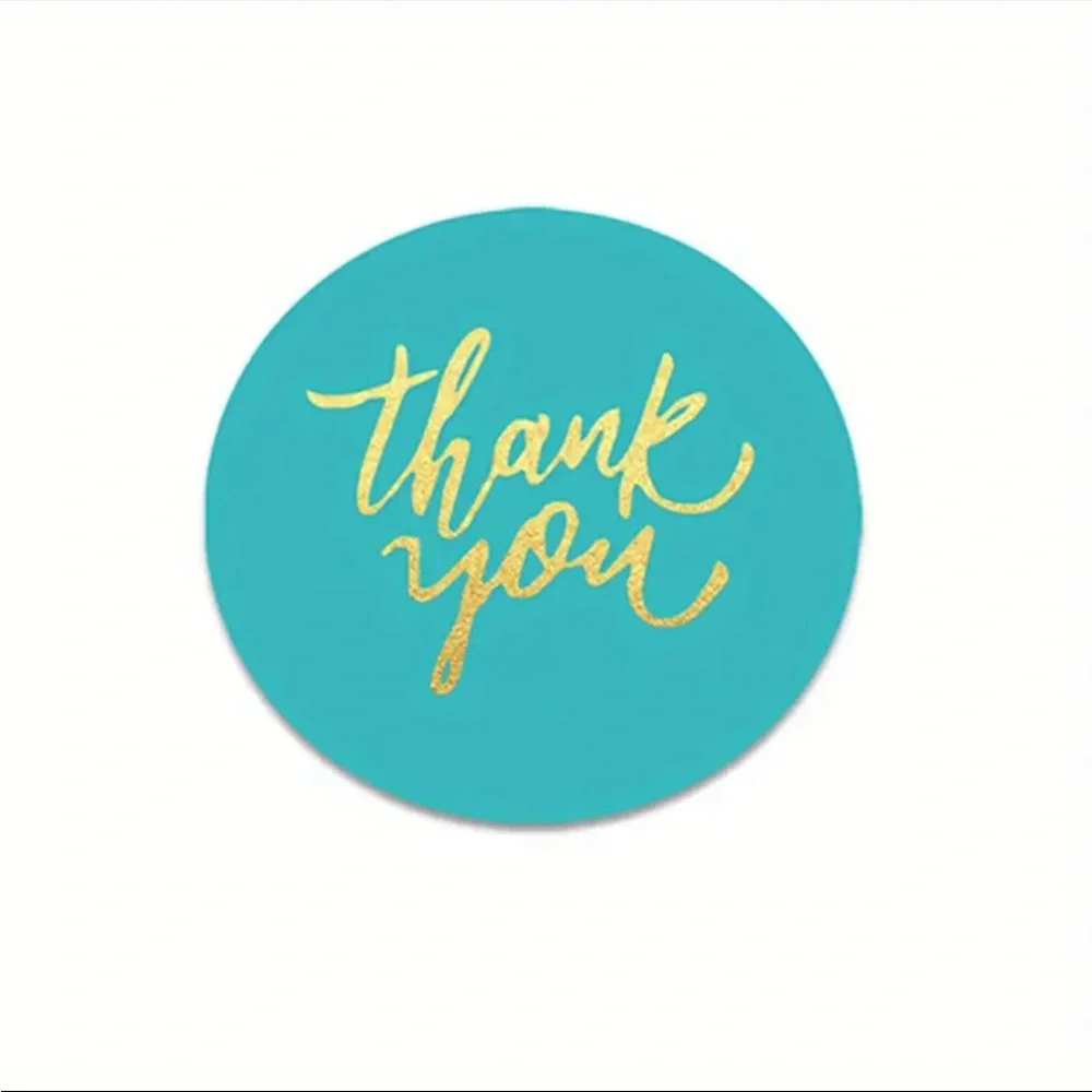 Roll of 500 Pastel Thank You Stickers Gold Cursive Letters.